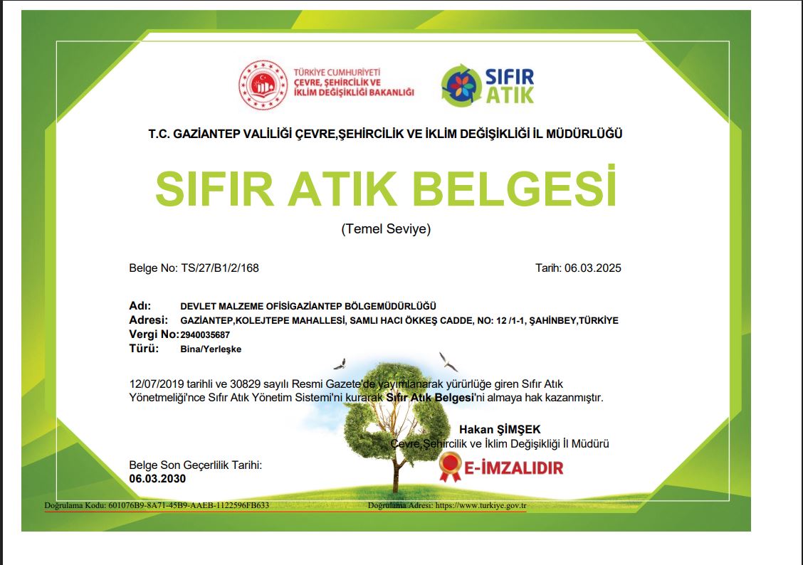 Bölge Müdürlüğümüz Sıfır Atık Belgesi (Temel Seviye) Almaya Hak Kazandı